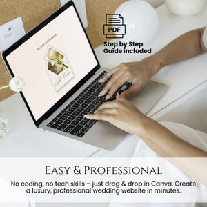 May include: A laptop displaying a wedding website design with the text "Welcome to our forever". The screen shows an envelope with flowers. Text on the screen reads "The Names". The image includes the text "Easy & Professional" and "Step by Step Guide included".