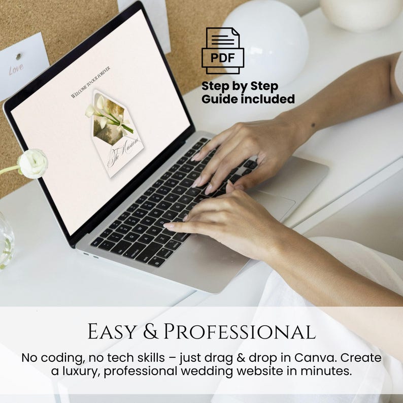 May include: A laptop displaying a wedding website design with the text "Welcome to our forever". The screen shows an envelope with flowers. Text on the screen reads "The Names". The image includes the text "Easy & Professional" and "Step by Step Guide included".