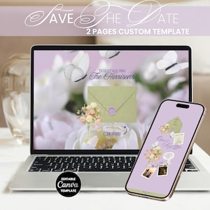 Pode incluir: Um laptop e um smartphone exibem um modelo de convite de casamento. A tela do laptop mostra um design floral com borboletas e um envelope que diz "You've Got Mail From The Harrisons". O smartphone exibe um design semelhante com fotos e texto.