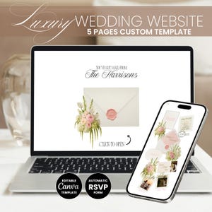 Könnte beinhalten: Ein Laptop und ein Smartphone zeigen eine Hochzeit Website Vorlage. Der Laptop-Bildschirm zeigt ein Einladungsdesign mit floralen Akzenten und dem Text "The Harrisons". Das Smartphone zeigt verschiedene Website-Seiten. Text beinhaltet "Luxury Wedding Website" und "5 Pages Custom Template".