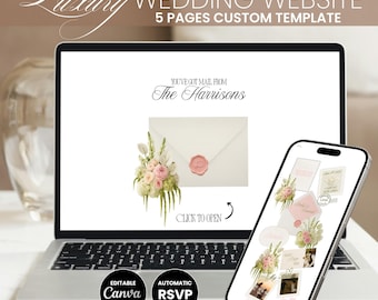 Pink Floral Minimal Wedding Website RSVP Canva Template Ivory Save the Date Online Editable Anthurium Hydrangea Elegant Invitation diy E010
