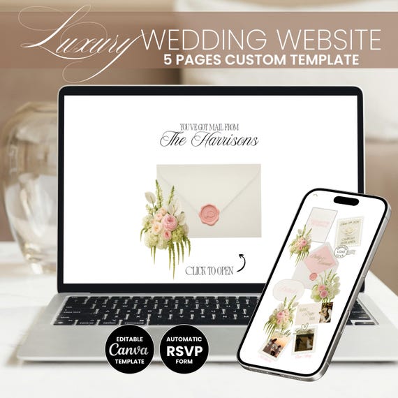 Pink Floral Minimal Wedding Website RSVP Canva Template Ivory Save the Date Online Editable Anthurium Hydrangea Elegant Invitation diy E010