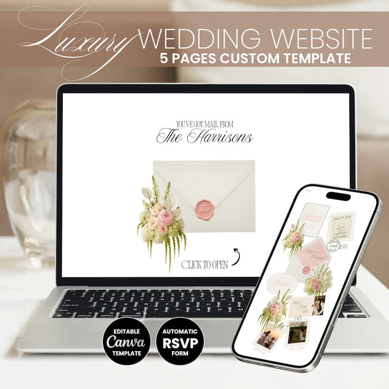 Pu&ograve; includere: Un laptop e uno smartphone mostrano un modello di sito web di matrimonio. Lo schermo del laptop mostra un design di invito con accenti floreali e il testo "The Harrisons". Lo smartphone mostra vari design di pagine web. Il testo include "Luxury Wedding Website" e "5 Pages Custom Template".