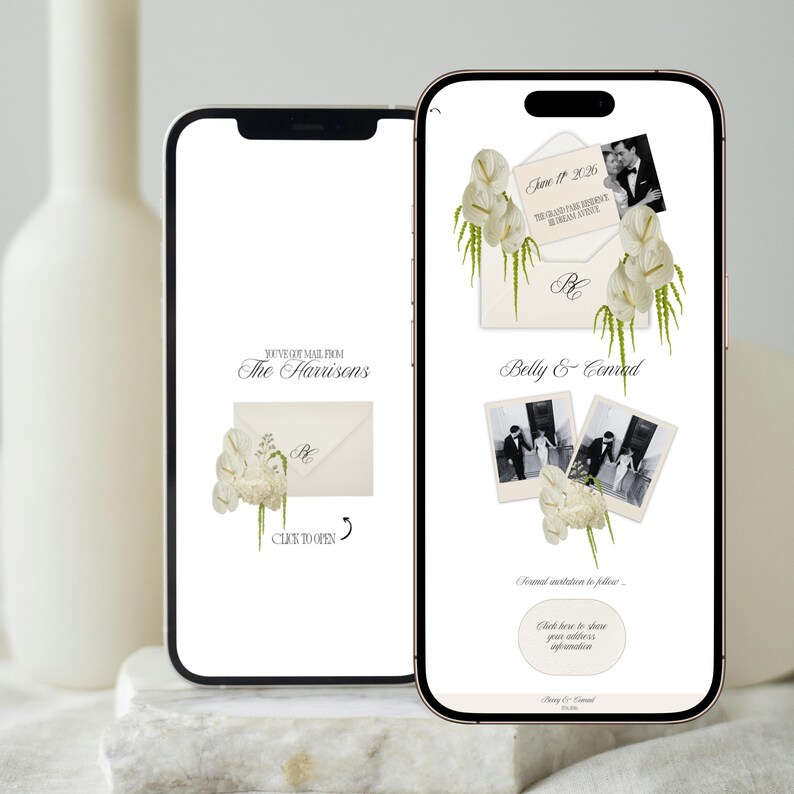 May include: Two smartphones displaying wedding invitation designs. One screen shows an envelope with the text "The Harrisons" and "Click to Open." The other screen shows an invitation with photos, text, and the names "Belly & Conrad."