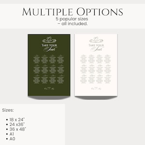 May include: Two seating chart designs, one dark green and one off-white, with the text "TAKE YOUR Seats" and a swan illustration. The image includes the text "MULTIPLE OPTIONS" and size options: 18 x 24", 24 x 36", 36 x 48", A1, and A0.