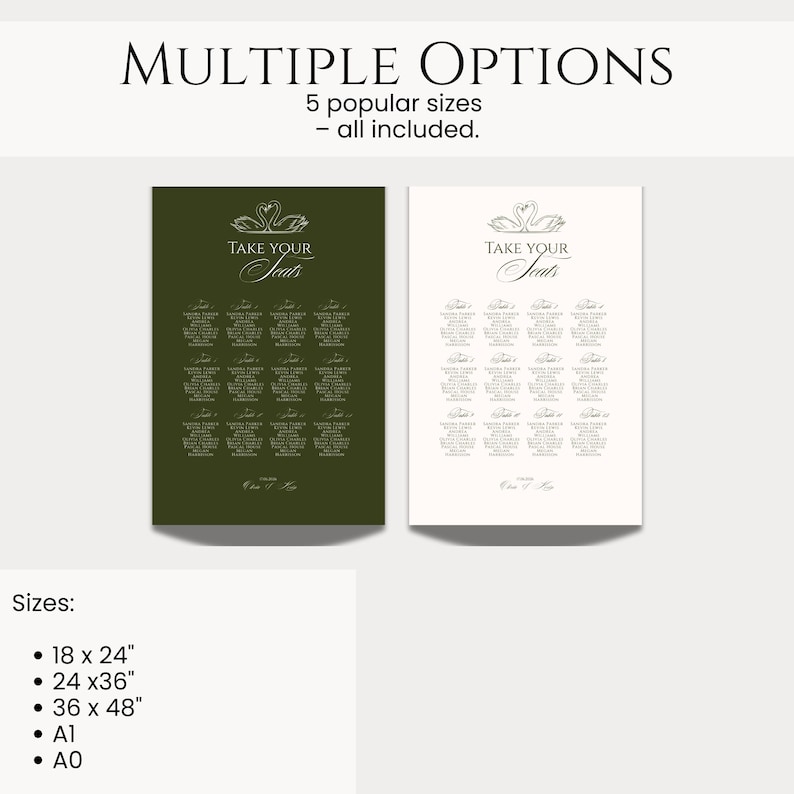 May include: Two seating chart designs, one dark green and one off-white, with the text "TAKE YOUR Seats" and a swan illustration. The image includes the text "MULTIPLE OPTIONS" and size options: 18 x 24", 24 x 36", 36 x 48", A1, and A0.
