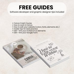 May include: Two books titled "Canva: A Crash Course" and "How to Edit Your Website" are displayed. The Canva book has a photo of a coffee cup and rings. The other book has wedding-themed illustrations. The image includes a list of free guides.