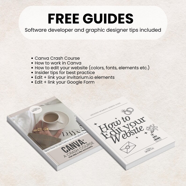 May include: Two books titled "Canva: A Crash Course" and "How to Edit Your Website" are displayed. The Canva book has a photo of a coffee cup and rings. The other book has wedding-themed illustrations. The image includes a list of free guides.