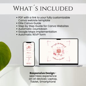 May include: A digital wedding invitation template displayed on a laptop and smartphone. The design features a cake illustration and the text "Join us for the Wedding of Catherine & Jonathan." The text "What's Included" is at the top, with a list of features.