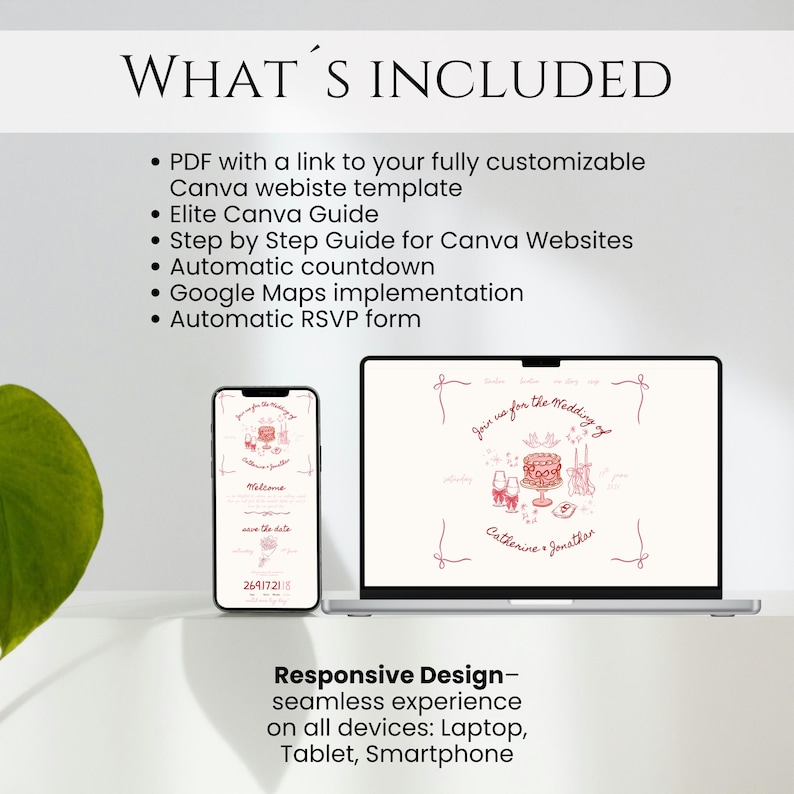 May include: A digital wedding invitation template displayed on a laptop and smartphone. The design features a cake illustration and the text "Join us for the Wedding of Catherine & Jonathan." The text "What's Included" is at the top, with a list of features.