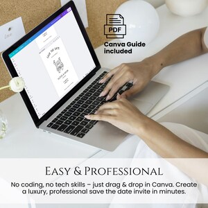 May include: A laptop displaying a wedding invitation design with the text "SAVE THE DATE." The image includes a "PDF Canva Guide included" icon. The text at the bottom reads "EASY & PROFESSIONAL" and describes the ease of creating invitations.