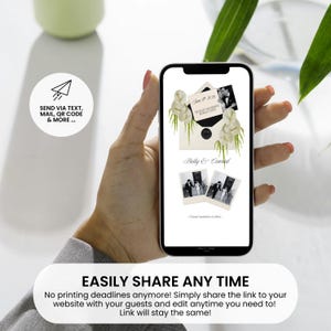 May include: A smartphone displays a wedding invitation with the names "Belly & Conrad" and vintage photos. The screen also shows an envelope with flowers and the text "June 19, 2026". The phone is held by a person. Text on the screen says "EASILY SHARE ANY TIME".