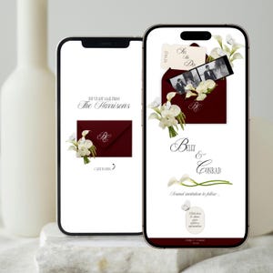 May include: Two smartphones displaying a wedding invitation design. The design features a burgundy envelope with white flowers, a black and white photo, and the names "Belly & Conrad". The text "Formal invitation to follow" is also visible.