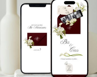 Burgundy Save the Date Website Template Digital Invitation Floral Envelope Canva Editable Instant Download RSVP Invite Wedding Link E027