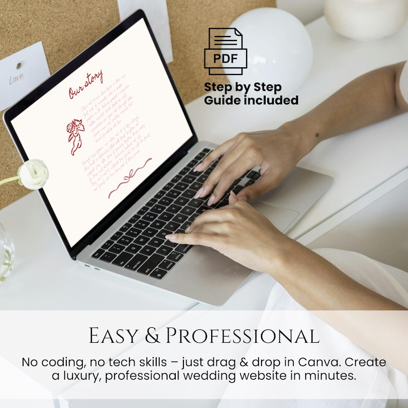 May include: A laptop displaying a wedding website design with the text "Our story" and a decorative illustration. The image includes the text "EASY & PROFESSIONAL" and "Step by Step Guide included".