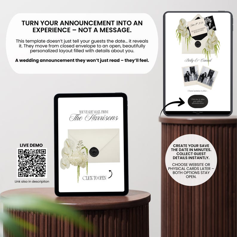 May include: Digital wedding announcement template displayed on two tablets. The design features an envelope with a wax seal, floral accents, and the text "The Harrisons." The announcement includes a QR code for a live demo and the text "Create your save the date in minutes."