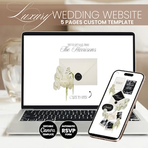 Può includere: Un laptop e uno smartphone mostrano un modello di sito web di matrimonio. Lo schermo del laptop mostra un design di invito con una busta e fiori. Lo smartphone mostra vari design di pagine web. Il testo include "Luxury Wedding Website" e "5 Pages Custom Template".