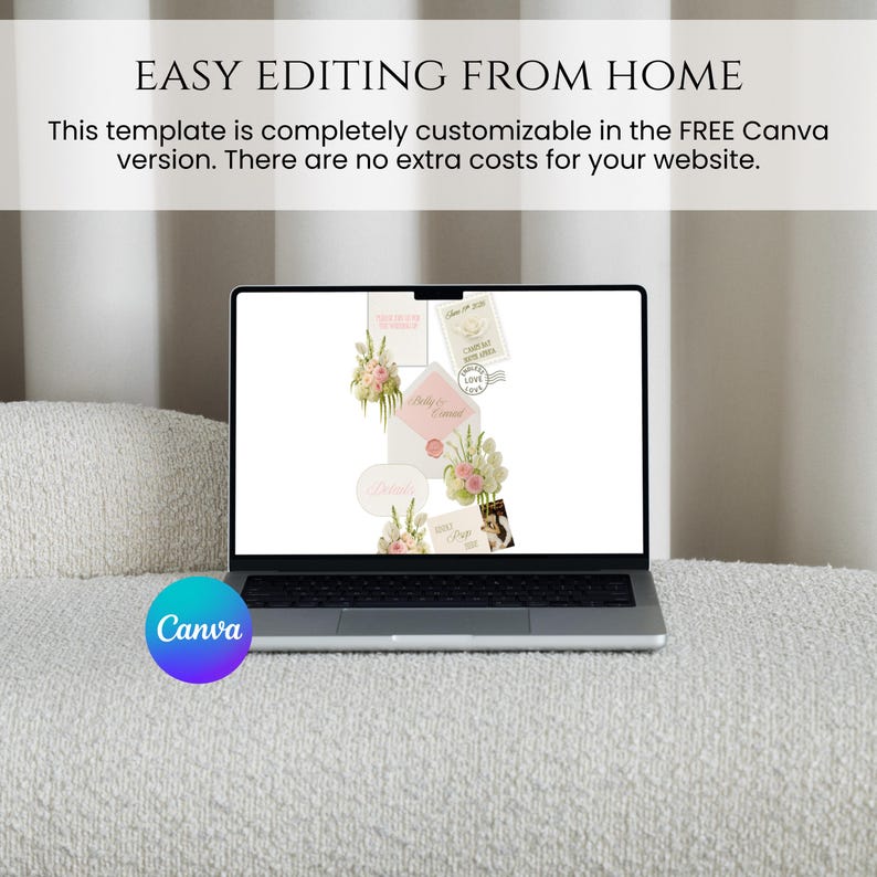 Pu&ograve; includere: Un laptop che mostra un modello personalizzabile con elementi floreali e fotografici. Lo schermo mostra vari design, tra cui inviti e biglietti. Il testo "EASY EDITING FROM HOME" e "Canva" sono visibili. Il laptop &egrave; su una superficie bianca strutturata.