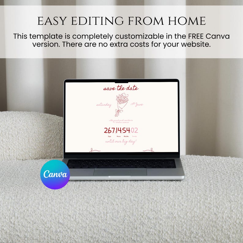 May include: A laptop displaying a wedding invitation template with the text "save the date" in a soft pink hue. The screen also shows a floral bouquet illustration and a countdown timer. The Canva logo is visible.