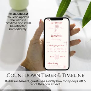 May include: A smartphone displays a wedding countdown timer and timeline. The screen shows a date, time, and event details in a minimalist design. Text on the screen includes "save the date" and "Wedding Day timeline". The image also includes the text "COUNTDOWN TIMER & TIMELINE".