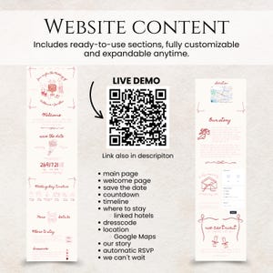 May include: A website content layout with a wedding theme. The design includes sections for welcome, save the date, timeline, and RSVP. A QR code links to a live demo. Text includes "WEBSITE CONTENT" and a list of features.