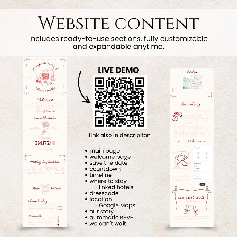 May include: A website content layout with a wedding theme. The design includes sections for welcome, save the date, timeline, and RSVP. A QR code links to a live demo. Text includes "WEBSITE CONTENT" and a list of features.