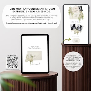 May include: Two tablets display wedding announcement templates. One shows an envelope design with the text "The Harrisons" and "Click to Open." The other shows a save-the-date card with photos and text. The image includes the text "Turn your announcement into an experience - not a message."