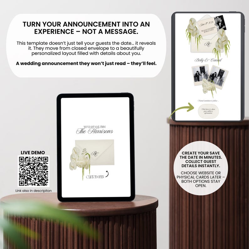 May include: Two tablets display wedding announcement templates. One shows an envelope design with the text "The Harrisons" and "Click to Open." The other shows a save-the-date card with photos and text. The image includes the text "Turn your announcement into an experience - not a message."