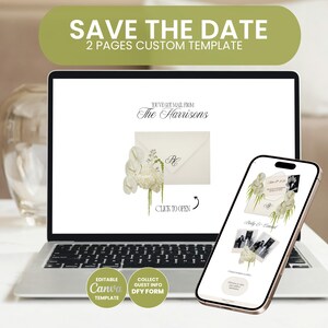 May include: A laptop and smartphone display a wedding invitation template. The laptop screen shows an envelope with floral accents and the text "The Harrisons." The phone displays the invitation design with photos and text. The words "SAVE THE DATE" are at the top.
