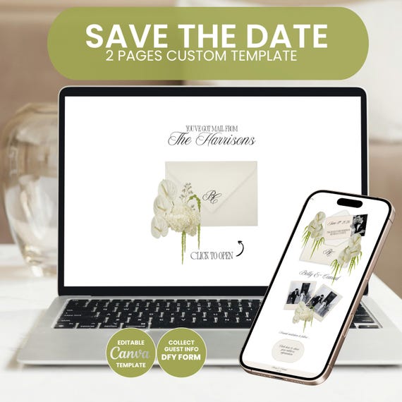 Ivory Save the Date Wedding Website Template Digital Invitation Floral Envelope Canva Editable Instant Download Diy Invite Wedding Link E006