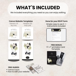 May include: An image showcasing a wedding stationery set, including Canva website templates, an RSVP form, and a 5" x 7" printable card template. The design features floral accents and the text "WHAT'S INCLUDED".