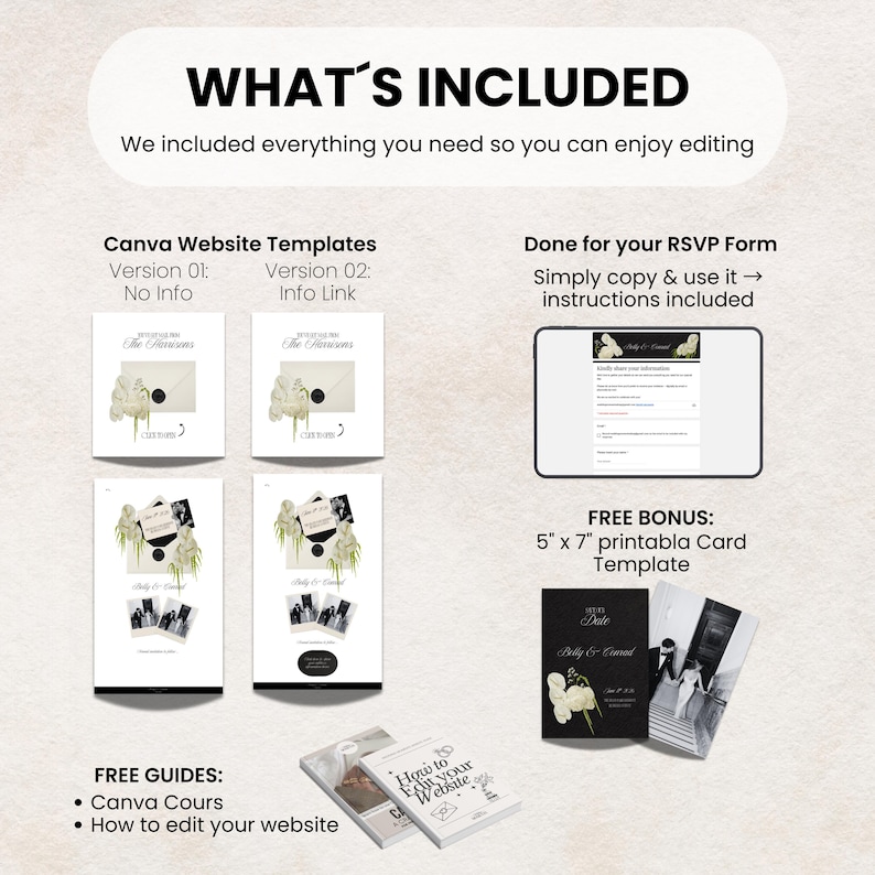 May include: An image showcasing a wedding stationery set, including Canva website templates, an RSVP form, and a 5" x 7" printable card template. The design features floral accents and the text "WHAT'S INCLUDED".
