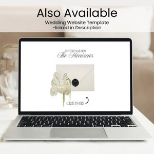 May include: A laptop displaying a wedding website template with the text "Also Available" and "Wedding Website Template -linked in Description." The screen shows an invitation design with the text "You've Got Mail From The Harrisons" and a floral arrangement.