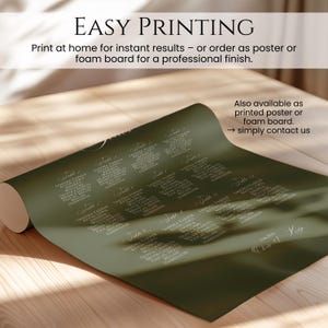 May include: A rolled-up olive green seating chart with white text. The chart includes names and table numbers. The text "EASY PRINTING" is at the top. The chart is available as a printed poster or foam board.
