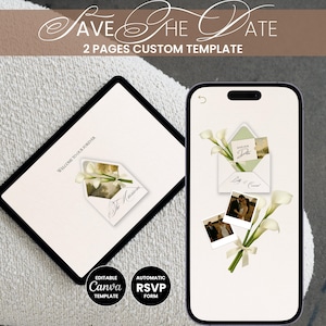 Könnte beinhalten: Digitale Hochzeitseinladungsvorlage mit dem Text "Save the Date" und "2 Pages Custom Template". Das Design umfasst eine Einladung auf einem Tablet und einem Smartphone, beide mit floralen Akzenten und einem Foto.