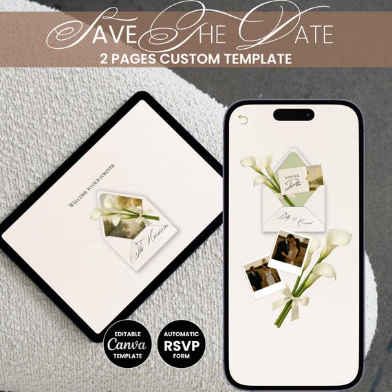 Digital Save the Date Wedding Website with Envelope Design Calla Lily Floral Aesthetic Elegant Canva Template Mobile Friendly Editable E001