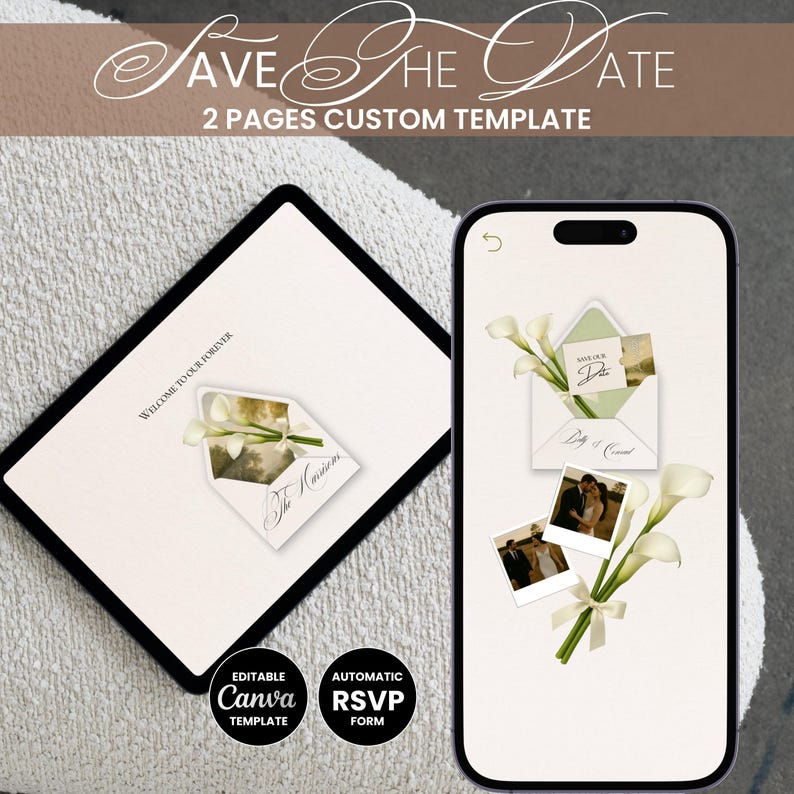 May include: A digital wedding invitation template with the text "Save the Date" and "2 Pages Custom Template." The design includes an invitation on a tablet and a smartphone, both featuring floral accents and a photo.