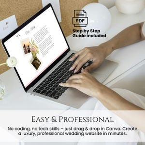Pu&ograve; includere: Un laptop che mostra un modello di sito web di matrimonio con il testo "Our Story" e una composizione floreale. L'immagine include il testo "Step by Step Guide included" e "EASY & PROFESSIONAL". Il laptop &egrave; su una superficie bianca.