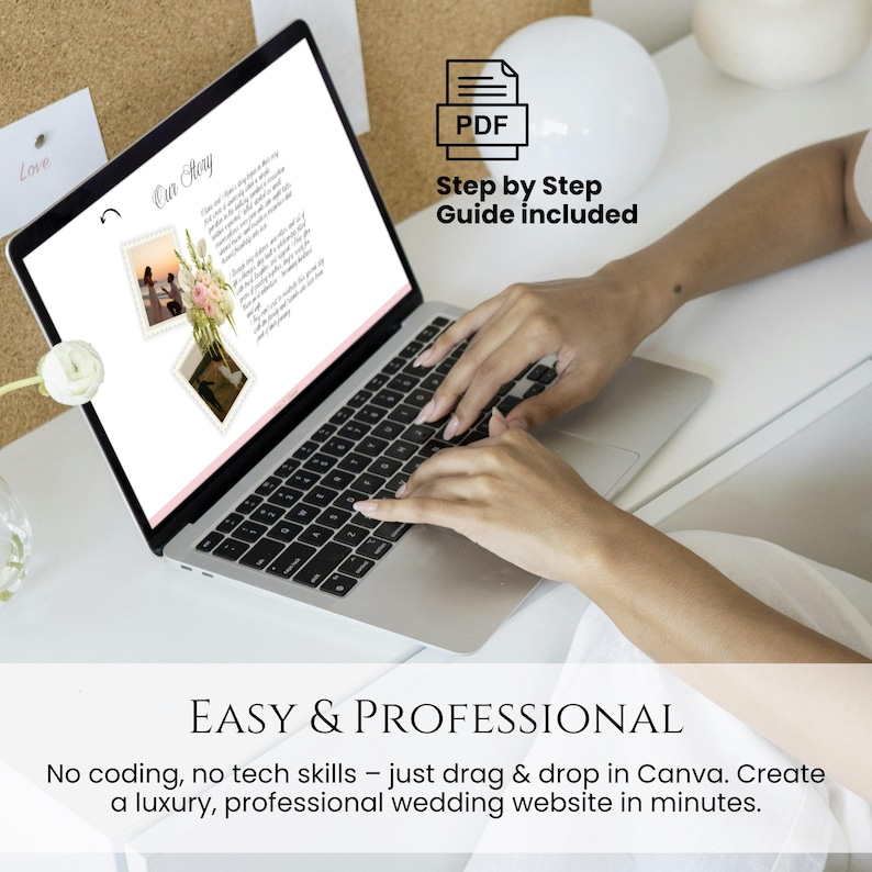 Pu&ograve; includere: Un laptop che mostra un modello di sito web di matrimonio con il testo "Our Story" e una composizione floreale. L'immagine include il testo "Step by Step Guide included" e "EASY & PROFESSIONAL". Il laptop &egrave; su una superficie bianca.