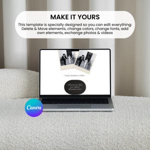 May include: A laptop displaying a wedding invitation template with the text "MAKE IT YOURS". The screen shows two vintage-style photos of a couple, with the text "Formal invitation to follow" and a button that says "Click here to show your address information here". The Canva logo is visible.