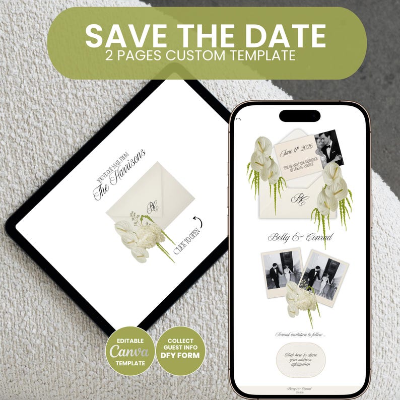 May include: A digital wedding invitation template displayed on a tablet and a smartphone. The design features a white envelope with floral accents, a photo, and the text "Save the Date". The template is customizable.