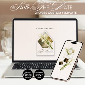 May include: A laptop and smartphone display a wedding invitation design. The invitation features an envelope with calla lilies and the text "Welcome to our forever" and "The Harrisons." The top of the image reads "Save the Date" and "2 Pages Custom Template."