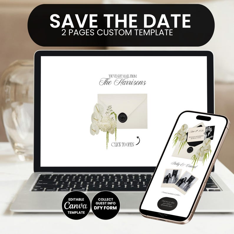May include: A laptop and smartphone display a wedding invitation template. The laptop screen shows an envelope with floral accents and the text "You've Got Mail From The Harrisons." The smartphone shows a preview of the invitation. The text "Save The Date" is at the top.