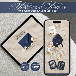 Könnte beinhalten: Ein Hochzeitswebsite-Template, dargestellt auf einem Tablet und einem Smartphone. Das Tablet zeigt einen marineblauen Umschlag mit Text, während das Telefon Hochzeitsdetails wie einen Seestern und Fotos anzeigt. Der Text "WEDDING WEBSITE" befindet sich oben.