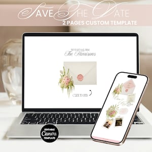 Könnte beinhalten: Ein Laptop und ein Smartphone zeigen ein Hochzeitskarten-Design. Der Laptop-Bildschirm zeigt einen Umschlag mit floralen Akzenten und dem Text "You've got mail from The Harrisons." Das Smartphone zeigt ein ähnliches Design. Der Text "Save the Date" steht oben.