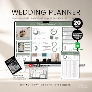 Könnte beinhalten: Ein digitaler Hochzeitsplaner auf einem Laptop- und Tablet-Bildschirm mit einem Dashboard für Budgetdiagramme, RSVP-Verfolgung und Gästeliste. Enthält einen druckbaren Planer als Bonus, ein YouTube-Tutorial und eine Google Sheets-Integration.