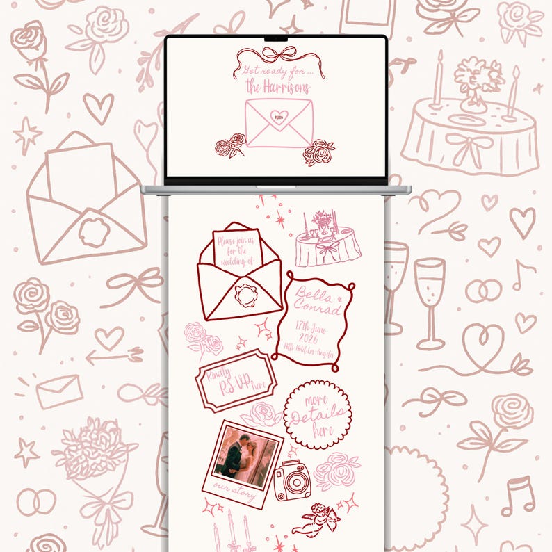 May include: A laptop displays a wedding invitation design with pink and red illustrations. The design includes an envelope, roses, and text that reads "Get ready for... the Harrisons." Other elements include a photo, RSVP, and details.