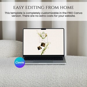 May include: A laptop displaying a customizable template with the text "EASY EDITING FROM HOME". The screen shows an envelope and photos with flowers. A Canva logo is in the lower left corner.