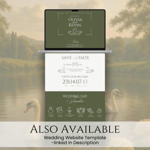 May include: A laptop displaying a wedding website template with the names "Olivia and Kevin" and a save-the-date announcement. The design features swans, a timeline, and the text "ALSO AVAILABLE: Wedding Website Template -linked in Description."