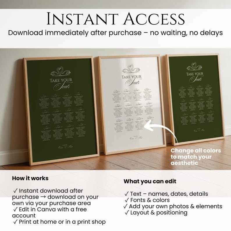 May include: Three framed seating chart prints with the text "TAKE YOUR Seats". The prints are in a variety of colors, including white and dark green. The text "INSTANT ACCESS" is at the top of the image.